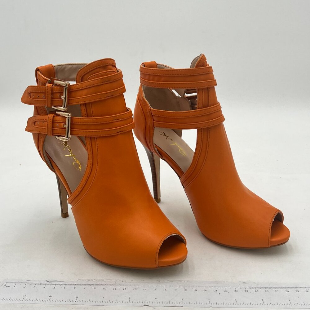 XYD Dark Orange Peep Toe Ankle Boot High Heel Buckled Double Straps Cutout Shoe - Picture 4 of 8